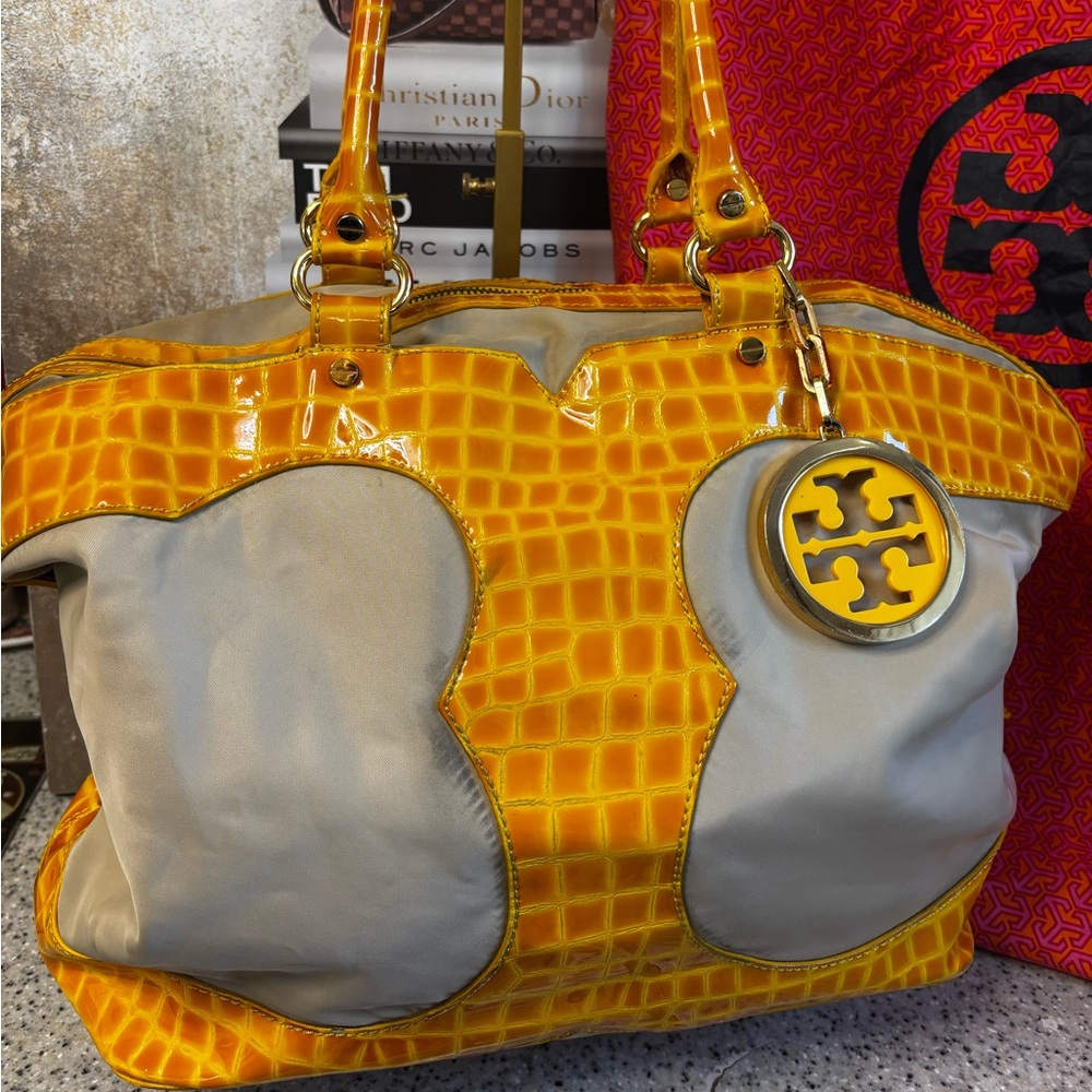 Tory Burch Tan Nylon & Yellow Croc Embossed Patent Leather Tote Bag
